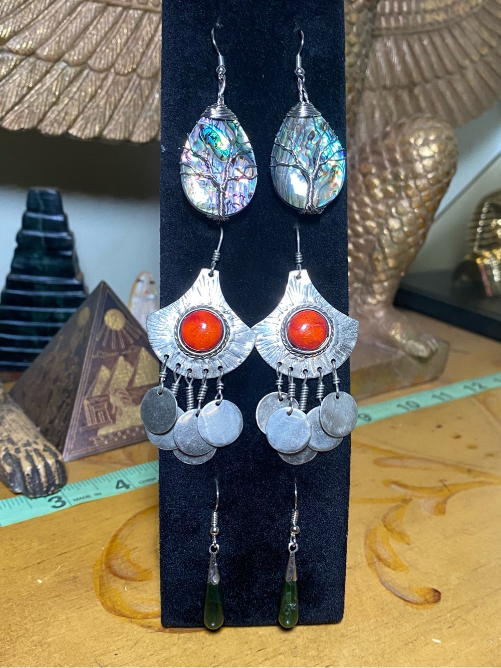 Vintage Silver-Tone Dangle Earrings with Red Accent and Abalone Inlay